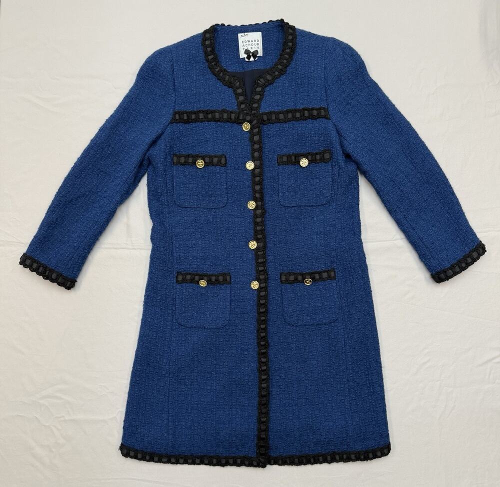 Edward Achour Paris 100% Wool Blue Tweed Coat Black Trim Gold Buttons Women’s 40